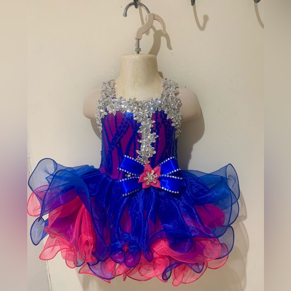3/6 Months Royal Blue & Pink Beaded Cupcake Pageant Dress With Matching Bow NWT